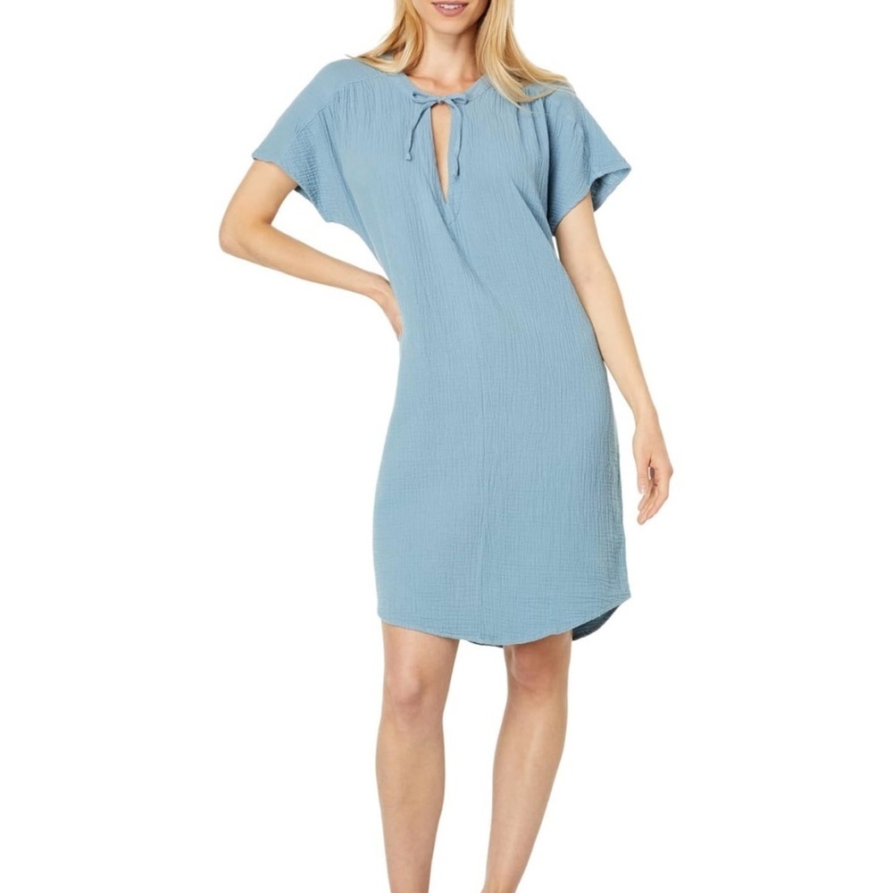 Bobi Los Angeles Blue Gauze Cotton‎ Tie Neck Dress Sz M 100% Cotton